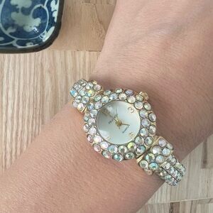 Peugeot ladies gold tone aurora borealis crystal hinged cuff watch NEW BATTERY